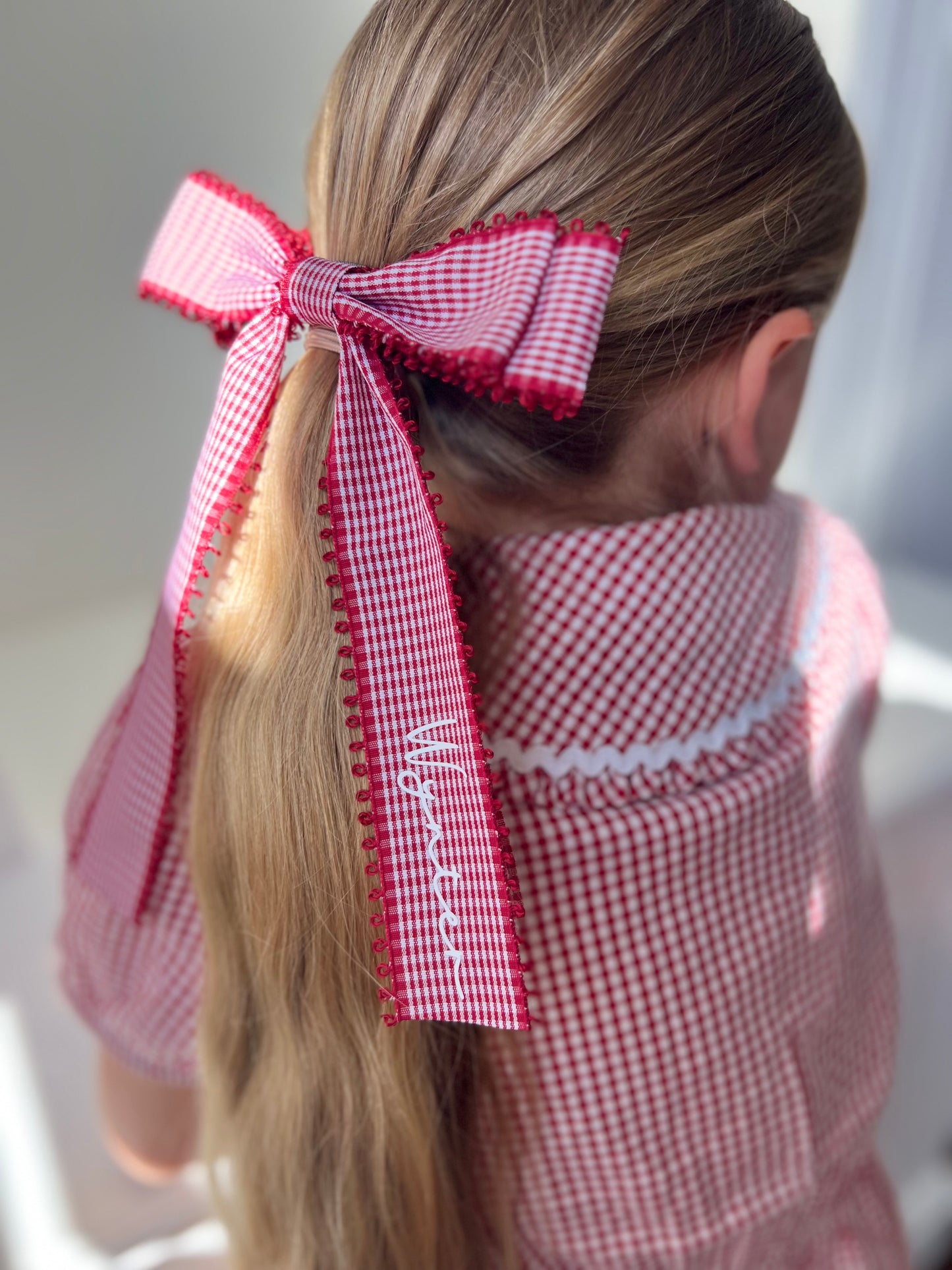 Personalised Red Gingham Long Tail Hair Bow