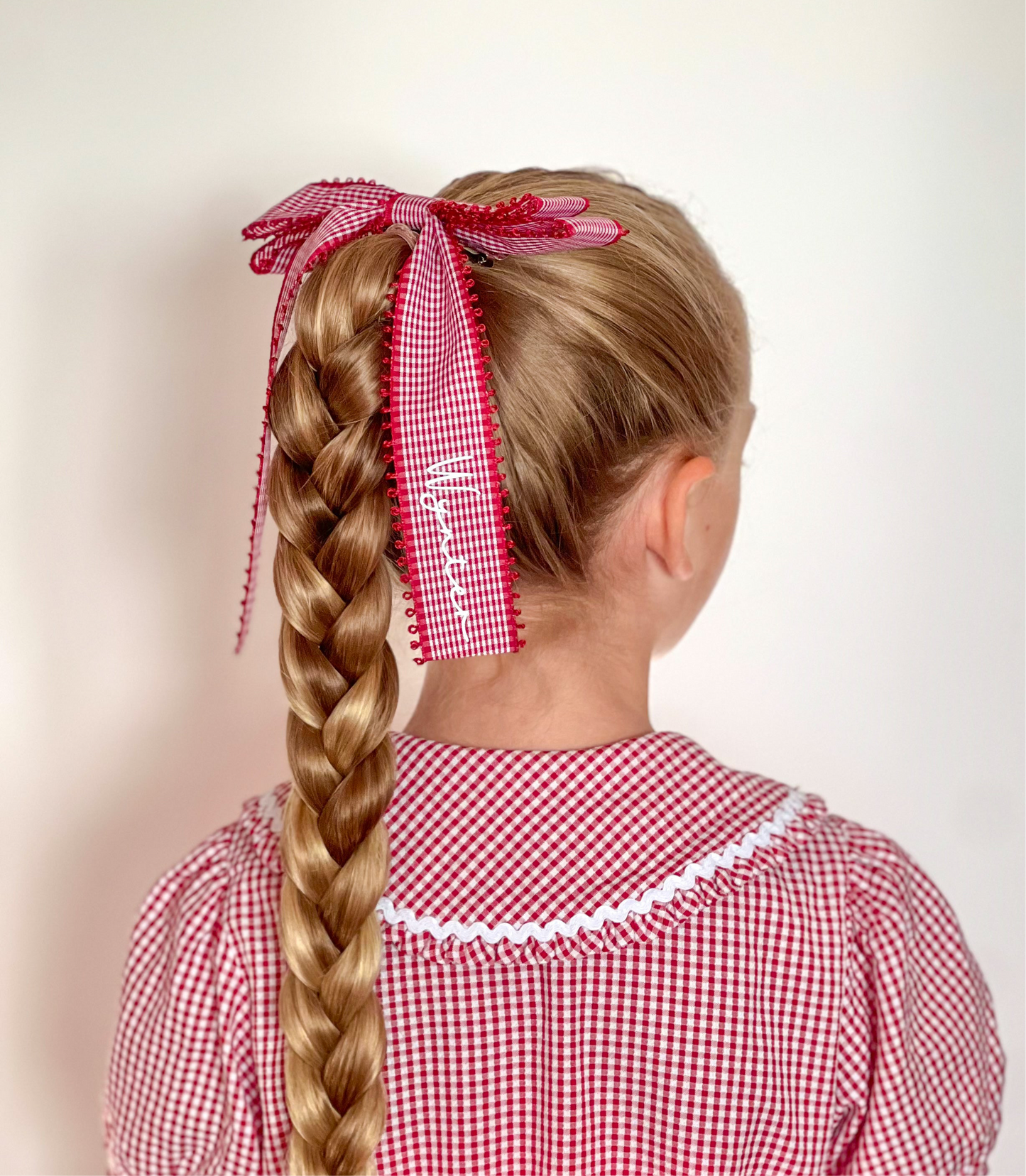 Personalised Red Gingham Long Tail Hair Bow